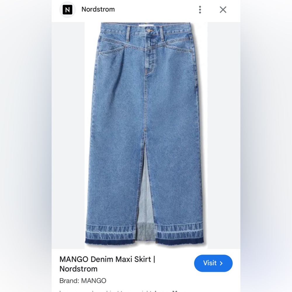 MANGO Rafaella Denim Slit Maxi Skirt size XS. Medium wash blue. Natural hem.